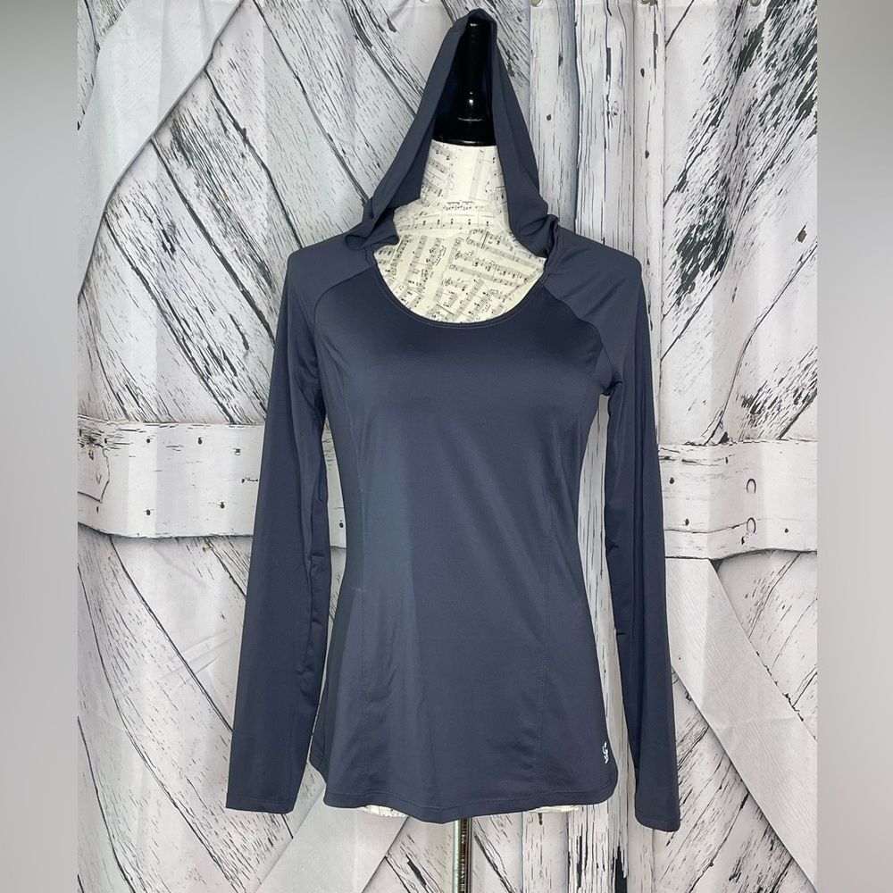 Kenneth Cole Reaction Activewear Black Hooded Pullover Top Gray Mesh S